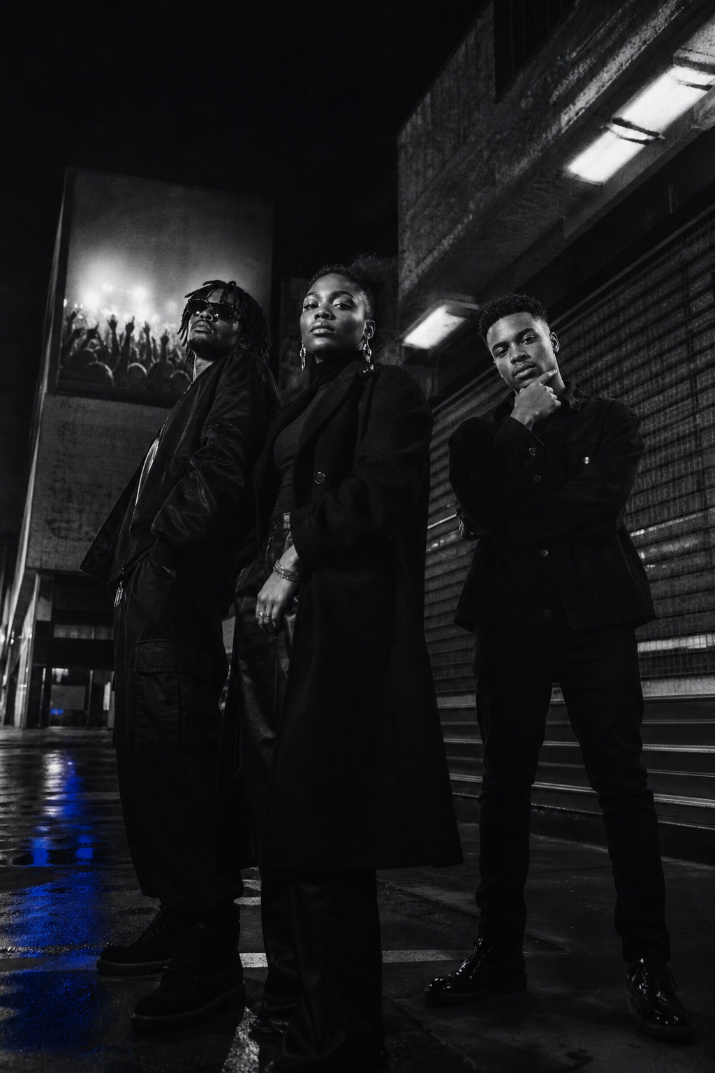 Black-and-white campaign portrait of an African artist collective in premium streetwear.