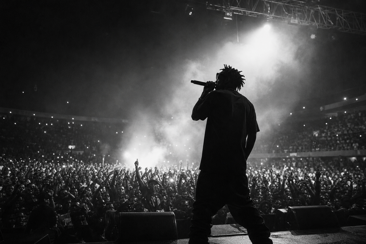 Black-and-white concert scene with an African performer commanding a packed arena.