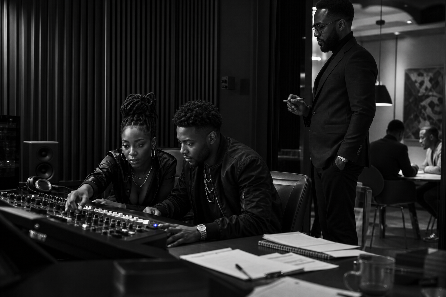 African music creators and a label strategist working in a high-end studio.